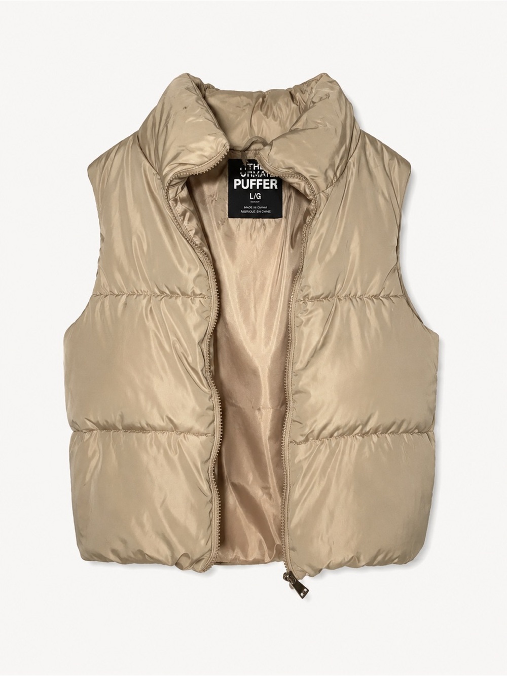 Puffer Beige Hooded Quilted Vest Youth Large OR Ladies Small Sleeveless Zip-Up